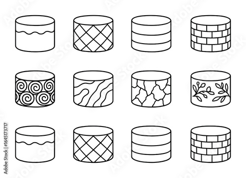 Cake Texture Icons. Outline vector icons of cake texture and detail styles: ruffle edge, quilted fondant, ombr