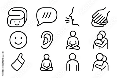 Emotional Support Icons. Outline vector icons of emotional support in healthcare: warm blanket, comforting