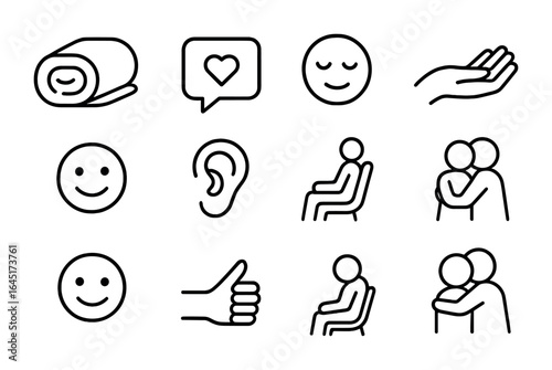 Emotional Support Icons. Outline vector icons of emotional support in healthcare: warm blanket, comforting