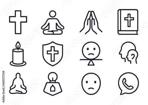 Chaplain Aid Icons. Outline vector icons of hospital chaplain and emotional aid: cross symbol, meditation pose