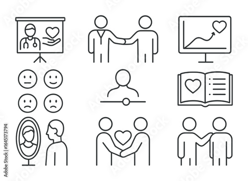 Healthcare Empathy Icons. Outline vector icons of healthcare empathy training: training screen, role-play icon