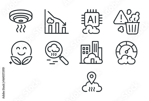 Pollution Detection Icons. Outline vector icons of pollution detection and reduction: smoke sensor, emission
