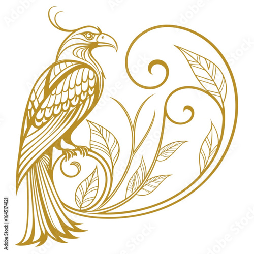 Minimilist golden phoenix perched on a leafy branch with decorative swirls and elegant feather details design element vector