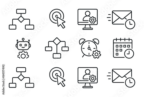 Automation Icons Grid. Outline vector icons of automation in digital marketing: workflow diagram, trigger icon