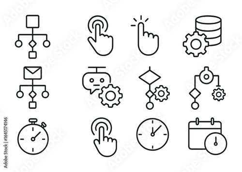 Automation Icons Grid. Outline vector icons of automation in digital marketing: workflow diagram, trigger icon