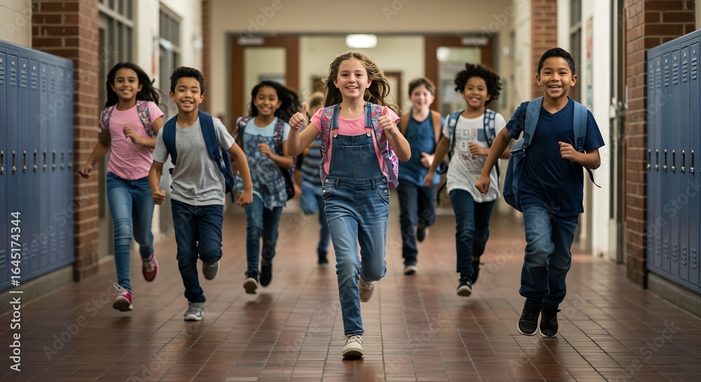 Obraz premium Joyful Diverse Group of Elementary School Children Running Down a School Hallway, Excited and Energetic with Backpacks, Concept of Education, Childhood, and Teamwork