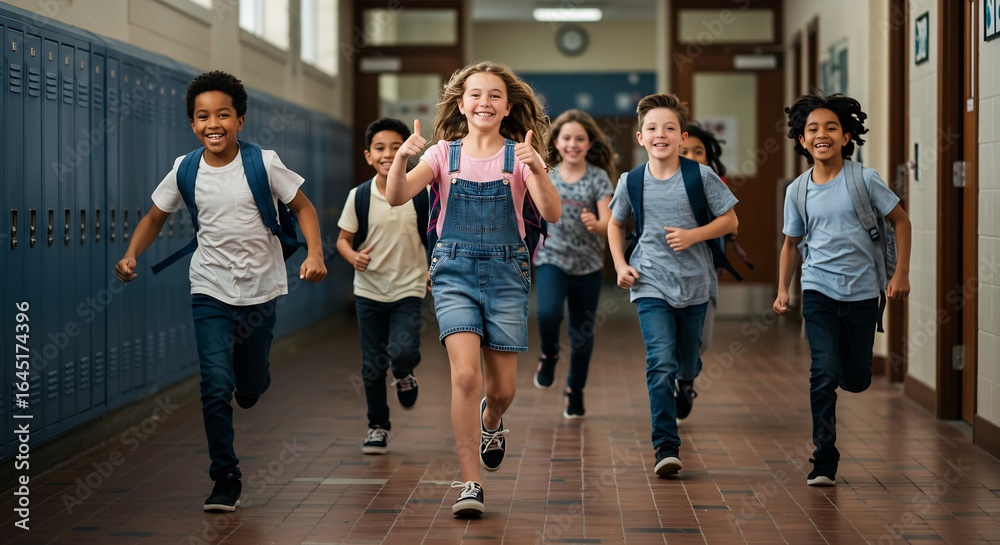 Fototapeta premium Group of Happy Elementary School Children Running Down a School Hallway, Ready for Fun and Learning