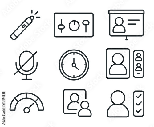 Virtual Classroom Icons. Outline vector icons of teacher tools in virtual classrooms: laser pointer, control