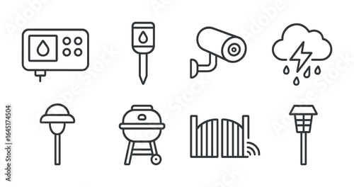 Smart Garden Tech Icons. Outline vector icons of smart garden and outdoor tech: irrigation controller, soil