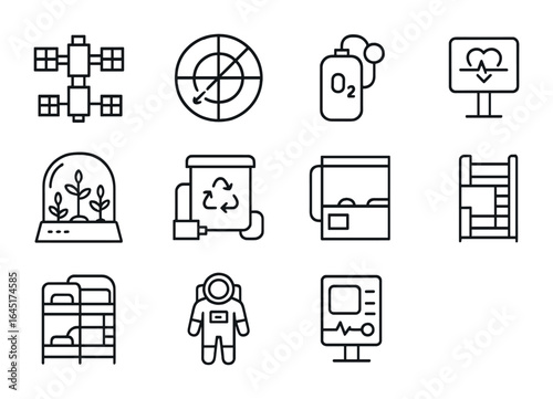 Space Habitation Icons. Outline vector icons of long-term space habitation: space station, artificial gravity,