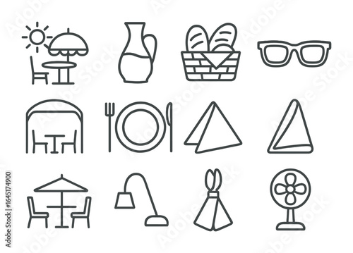 Al Fresco Dining Icons. Outline vector icons of dining al fresco: sunny table, water carafe, bread basket,