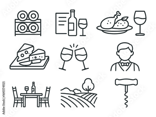 Outdoor Wine Icons. Outline vector icons of outdoor wine and dine nights: wine rack, tasting notes, paired