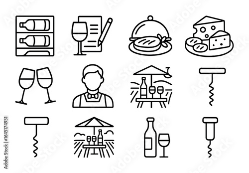 Outdoor Wine Icons. Outline vector icons of outdoor wine and dine nights: wine rack, tasting notes, paired