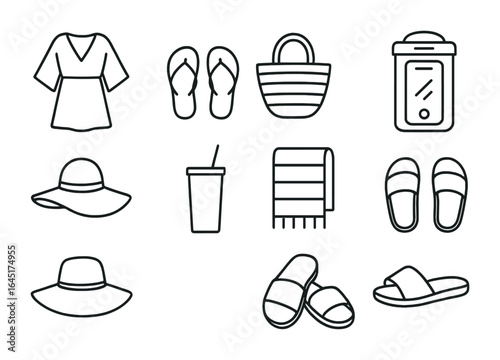 Poolside Fashion Icons. Outline vector icons of poolside fashion: swim cover-up, flip flops, straw bag,