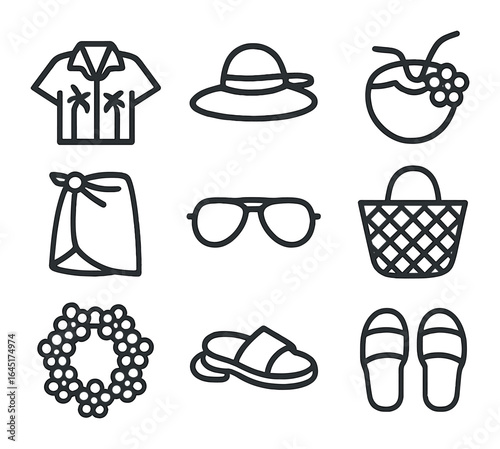 Tropical Vacation Icons. Outline vector icons of tropical vacation style: palm print shirt, wide-brim hat,