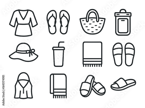 Poolside Fashion Icons. Outline vector icons of poolside fashion: swim cover-up, flip flops, straw bag,