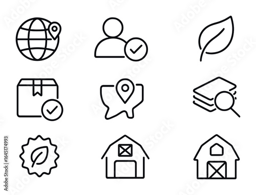 Sustainable Sourcing Icons. Outline vector icons of responsible sourcing: traceability icon, ethical supplier,