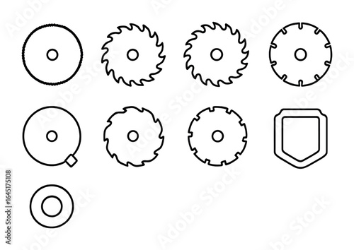 Saw Blade Icons. Outline vector icons of saw blade types: fine-tooth blade, ripping blade, crosscut blade,