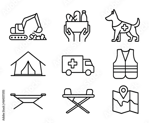 Disaster Recovery Icons. Outline vector icons of disaster recovery support: debris removal, food distribution,