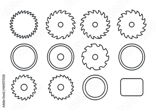 Saw Blade Icons. Outline vector icons of saw blade types: fine-tooth blade, ripping blade, crosscut blade,