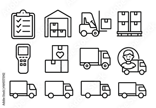 Logistics Icon Grid. Outline vector icons of logistics and resource distribution: supply checklist, warehouse