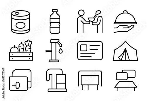 Food and Water Icons. Outline vector icons of food and water distribution: canned food, bottled water, soup