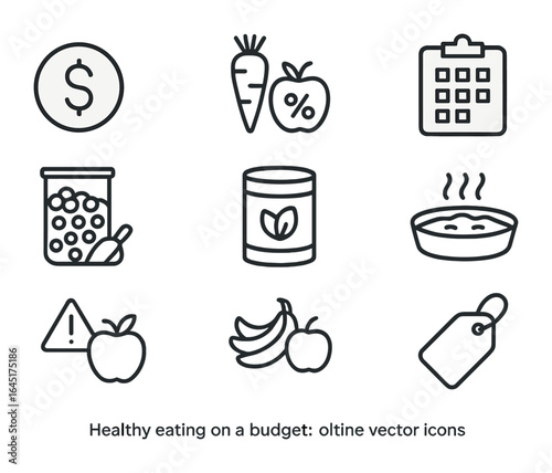 Budget-Friendly Meal Icons. Outline vector icons of healthy eating on a budget: budget icon, discount produce,