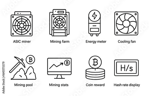 Bitcoin Mining Icons. Outline vector icons of bitcoin mining equipment: ASIC miner, mining farm, energy meter,