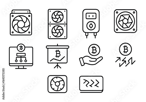 Bitcoin Mining Icons. Outline vector icons of bitcoin mining equipment: ASIC miner, mining farm, energy meter,