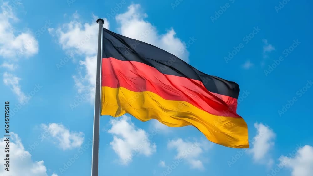 German flag waving against a vibrant blue sky with scattered white clouds on a sunny day outdoors German flag waving against a vibrant blue sky with scattered white clouds on a sunny day outdoors