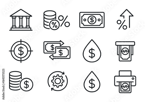 Monetary Policy Icons. Outline vector icons of monetary policy tools: central bank, reserve ratio, money