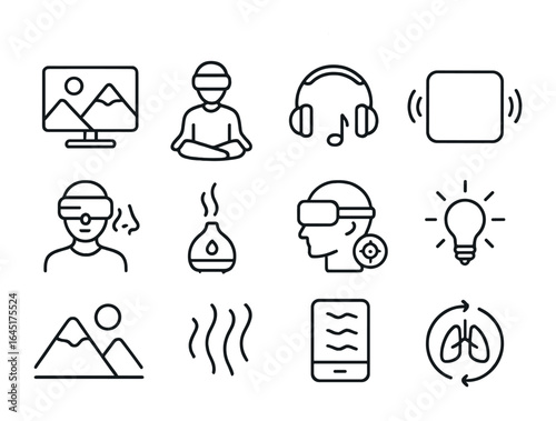 Sensory Therapy Icons. Outline vector icons of sensory therapy with VR: calming landscape, guided meditation,