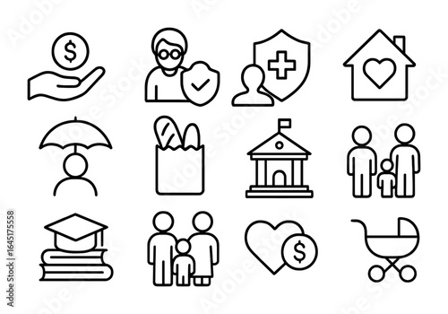 Social Welfare Icons. Outline vector icons of social welfare policy: social benefits, pension plan, healthcare