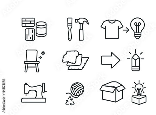 Upcycling Icons Grid. Outline vector icons of upcycling practices: repurposed materials, DIY tools, old to new