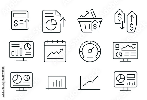 Inflation Monitoring Icons Grid. Outline vector icons of inflation monitoring tools: CPI icon, inflation