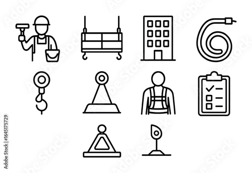 Building Maintenance Icons. Outline vector icons of high-rise building maintenance: window cleaner, suspended