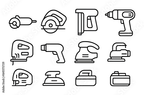 Power Tool Icons. Outline vector icons of power tools: angle grinder, electric saw, nail gun, cordless drill,