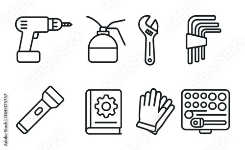 Tool Icons Grid. Outline vector icons of repair and maintenance tools: electric drill, oil can, adjustable
