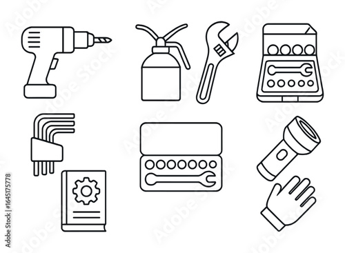Tool Icons Grid. Outline vector icons of repair and maintenance tools: electric drill, oil can, adjustable