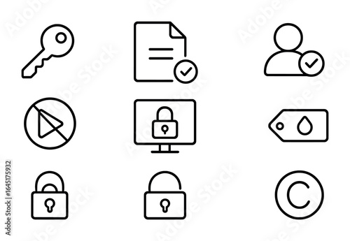 Digital Rights Icons. Outline icon set of digital rights management: license key, content ID, user access icon