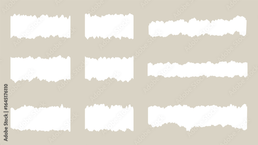 Set of torn paper sheets. Ripped paper strips collection. Torn notebook page or scrap note with damaged border. Sticky newspaper clip art.