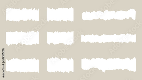 Set of torn paper sheets. Ripped paper strips collection. Torn notebook page or scrap note with damaged border. Sticky newspaper clip art.