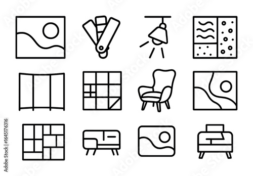 Interior Design Icons. Outline icon set of bold interior design ideas: abstract wall art, color palette,