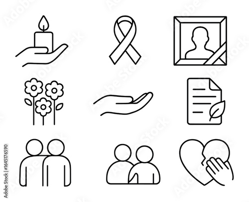 Grief and Compassion Icons. Outline icon set of grief and compassion: candle in hand, mourning ribbon, memory