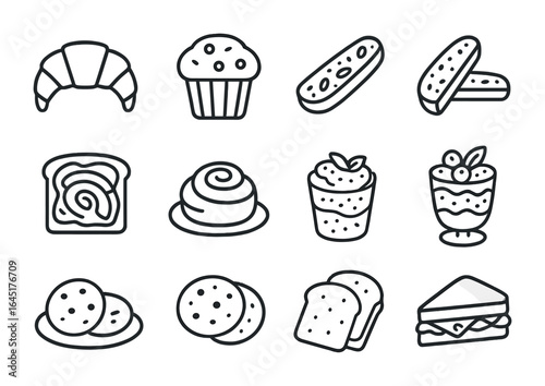 Café Snack Icons. Outline icon set of café food pairings: croissant, muffin, biscotti, avocado toast, cinnamon