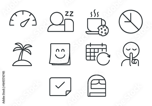 Burnout Prevention Icons. Outline icon set of burnout prevention: energy gauge, sleep icon, snack break,