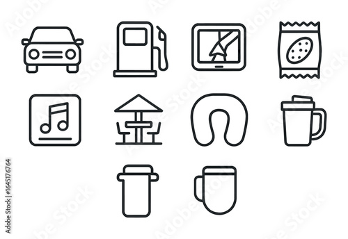 Road Trip Essentials. Outline icon set of road trip essentials: car icon, gas pump, GPS navigation, snack bag,