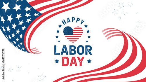 happy labor day greeting with heart-shaped american flag, red white stripes and blue stars honoring usa workers and national celebration