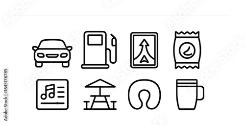 Road Trip Essentials. Outline icon set of road trip essentials: car icon, gas pump, GPS navigation, snack bag,