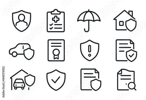 Insurance Icon Set. Outline icon set of insurance planning: life insurance, health policy, umbrella icon,
